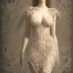 An woman with a beautiful face in a lace night dress, a thin lace dress and a body with designs in the shape of tree leaves on it, anatomical and full body shape with detailed details, the parts of the girl's body can be seen under the dress, a girl with breasts Big, dreamy and artistic painting, full HD 3D painting quality, 4K, 8K