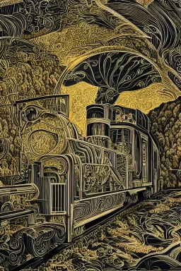 Insanely detailed intricately detailed meticulously detailed hyperdetailed black outline of a train on gold paper, high contrast, beautiful landscape, detailed full-color, nature, HD photography, Josan Gonzalez, Tishk Barzanji, Anne Dittmann, autoCAD