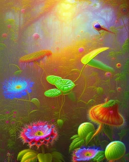 mystical venus fly trap, flowers, jungle, vibrant colours, impressionism, soft lighting. trees in background, dragonfly,