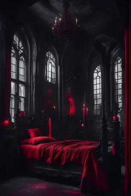 dark red, black, goth, bedroom, vampire vibe, darkly, castle vibe, old, royal