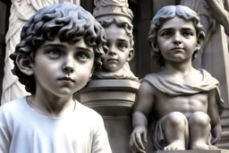 Grima as a child with semi transparent hypnotic kind eyes in front of statue of himself