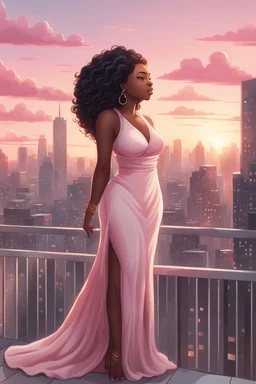 The scene opens onto a serene balcony overlooking a bustling city skyline. The sky above is painted in soft hues of pink and gray as the sun begins its descent, casting a warm glow over everything it touches. In the foreground stands a captivating figure, airbrush chibi cartoon curvy black woman exuding confidence and elegance. She is adorned in a flowing white knit maxi dress that hugs her curves in all the right places, accentuating her silhouette. Her choice of footwear is equally stunning