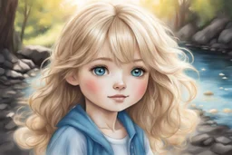 vibrant sketch, cute chibi blue eyed blonde-brown haired woman in Plitvice S<AI in sunshine, shading pastel and charcoal