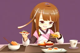 contented cute chibi girl eating sushi