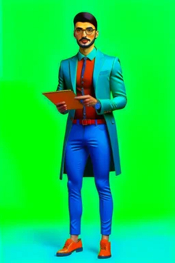 Modern guy, 20s, holding "ipad" in left hand, looks like a renaissance painting, walking forward, full body, "persian green coat", blue pants, "right hand in pocket". "Front facing" "forward view"