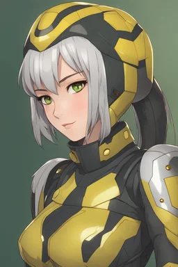 a young female snake with black hair green skin and yellow eyes in stealth armor