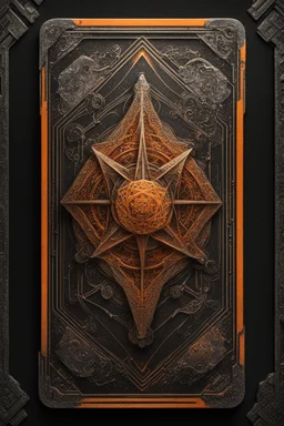 sacred geometry framed playing card, black and orange hellraiser star conquistador with shadows boss card in the style of Giger and fallout 4 ,,bokeh like f/0.8, tilt-shift lens 8k, high detail, smooth render, down-light, unreal engine