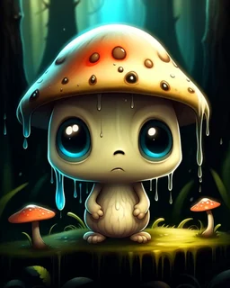 A melancholic creepy kawaii mushroom with a tiny, frowning mouth and big droopy eyes, sitting on a mossy log in a quiet and peaceful forest, lost in its own thoughtsto add personality