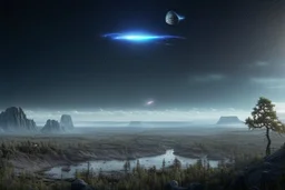 Epic space landscape with meteors in the horizon, trees, distant spaceships, and rocks foreground, 4k