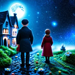 Detailed people, street made of modeling clay and felt, village, stars, galaxy and fog, planets, moon, volumetric light flowers, naïve, Henri Rousseau, strong texture, extreme detail, Yves Tanguy, decal, rich moody colors, sparkles, Harry Potter, bokeh, odd, shot on Ilford