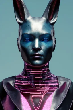 Medium Close Up Portrait, Front image. cyberpunk, rabbit mask, sweet woman, black hair and beard. latex suit. Pink, silver, blue, color. Dior style. Color background, photo studio. highly detailed, concept art, smooth, unreal engine 5, ray tracing, RTX, lumen lighting, ultra detail, volumetric lighting, 3d, finely drawn, high definition, high resolution.