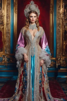 Gorgeous photography full body Beautiful super model Russian dressing Luxury gown Victorian colorful art conceptual, amazing artwork,close-up portrait,crystal ornaments background