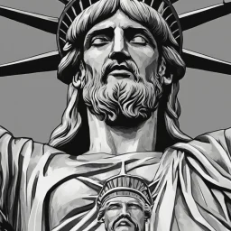 line toned, hedcut, wsj style, statue of Jesus of Liberty with a beard and wearing a cross and hanging from a cross, The statue male, hyperdetailed intricately detailed photoillustration ink drawing dystopian 8k resolution entire body of the statue is in the picture. digital illustration telephoto lens photography , same colors as the us treasury's one dollar bill, crucified"