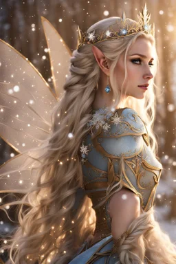 Elven princess,elven crown,long white blonde golden hair,rapunzel hair,ice flowers,beautiful,light blue,dark blue,golden armor,sparkle,glitter,ice flowers,snow,elven ears,dark fairy princess