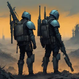Two warriors in exoskeleton armor, one holding an electric rifle and the other with their back turned to them. The background is a post-apocalyptic wasteland, in the style of Zdzisław Beksiński.