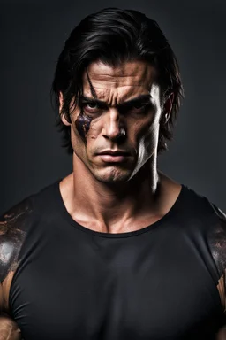 Portrait of a 35 year old muscular evil male with medium length dark hair. scarred face. scowling expression, wearing a tight fitting teeshirt