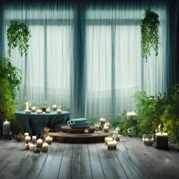 a gorgeous, stunning spa with gauzy curtains, dark wood floor, decorative blue-green ocean in glass ball, plants, smooth black stones, candles, 8k resolution, high-quality, fine-detail, digital art, detailed matte, volumetric lighting, illustration, 3D octane render, brian froud, howard lyon, selina french, anna dittmann, annie stokes, lisa parker, greg rutowski, George Grie, Ben Goossens, Igor Morski