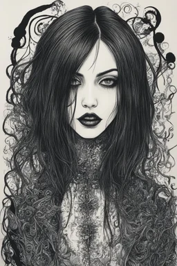 create a disturbing horror pen and ink sketch of a dark haired, savage, gothpunk vampire girl with highly detailed , sharply defined hair and facial features, in a dark, otherworldly London in the style of Junji Ito, precisely drawn, inked, with dramatic edges,