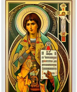 saint patron of photographers holding camera in hands. orthodox icon. Cyrillic inscriptions. hyperdetailed, Alphonse Mucha, poster, illustration, ink, oil on canvas, 18th century atlas