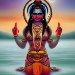 An oil painting of goddess Kali crossing a lake