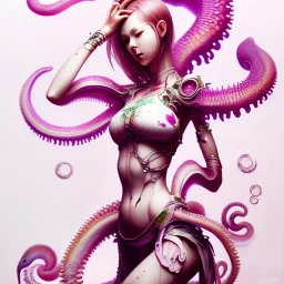  Asian woman, leaning pose, octopus, pink short hair, latex suit, style <Yoji Shinkawa>, Bones, watercolor illustration by <agnes cecile> squid, intricate detail , portrait, high lighting, Gradient background, full body,