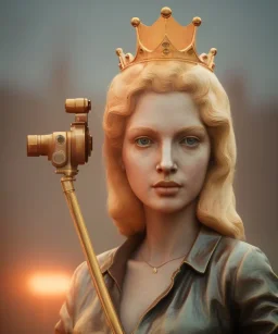 Statue of Queen of photography. Cute blonde woman. Photographer in golden crown. Standing on the street. Big camera in her hand. hyperdetailed, photorealistic, trending on artstation, greg rutkowski, beksinski, kodachrome