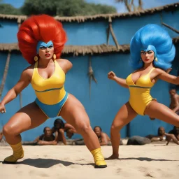 (1960’s stop-motion animation style of las reinas del combate en el suelo in Mexico) Two fierce female rivals, one with fiery red hair clad in a bold yellow swimsuit, the other a determined brunette in striking blue, engage in a brutal and exhausting battle on the mat. Each move they make is crucial, every shift in advantage a dance between victory and defeat.