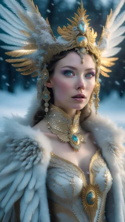 half body wide angle RAW photo, ice queen queen wearing luxurious and ornate gold clothing, fully covered, opals and floral embellishments, fractal wing texture, winter landscape in the background, beautiful face, high detailed skin, snow, ice, 8k uhd, dslr, soft lighting, high quality, film grain