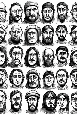 diferent medieval faces of diferent medieval people with diferent expressions, some dramatic, somo happy. the style is minimal black and white stamp. in the sheet there are more than 5. very diverse court memebers and everyday people. man, woman, kids. white background