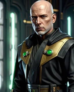 star wars bald male corellian jedi pilot wearing black and gunmetal grey old republic armored robes with gold trim inside the jedi temple holding a lightsaber with viridian green blade in left hand, centered head and shoulders portrait, hyperdetailed, dynamic lighting, hyperdetailed background, 8k resolution, volumetric lighting, light skin, fully symmetric details