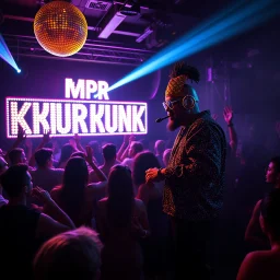 "MR Kukrunk" is Benny, and "DJ Roy" in a disco, dancing, "MR Kukrunk" on sign wall, disco light, strobe, smoke. disco ball, 1000 dancing people