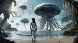 Detailed matte painting of a wide-angle shot of a woman, standing on the right side of an alien beach, with dark hair in a silver robotic catsuit, many large floating jellyfish with octopus tentacles, alien jungle trees in the distance