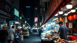 Delicious Chinese street food in Kuala Lumpur at night, eating stalls, seafood, eclectic mix of oriental food, award-winning colour photograph, beautiful composition, exquisite detail, Nikon 35mm