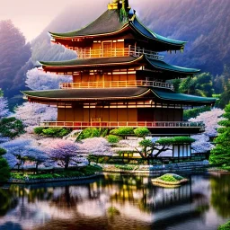 the most beautiful, stunning Japanese temple built into a mountainside, morning mist, cherryblosssoms, serene, peaceful, artwork, flickering lights, ornate, baroque, 8k, high-quality, fine-detail, intricate, digital painting, brian froud, howard lyon, selina french, anna dittmann, annie stokes, Greg Rutowski