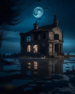 An abandoned house on an island in the middle of the ocean The scene oscillates between darkness and moonlight, with broken window sockets casting some luscious light onto the cold floor. Nocturnal birds creep among the ruins of the building, turning formerly quiet places into their shelter. Moonlight dances on the broken columns and dry trees that surround the morgue, reflecting pastel colors and mysteriou