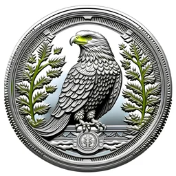 a silver eagle in the center, around which is a silver arch of silver leaves