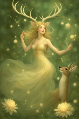 [laughing sexy faerie with a deer] As Fiona, I feel myself drifting soft through billowing blooms of visual aid and aural ether. My slender form shimmers in gossamer raiment woven from sunshine, moonglow, and forest spirit; petal-soft hooves leave nary a print upon the stars I seem to walk. Beside me strides my Deery in dignity, his noble visage crowned with antlered emerald and bronze. Around us the glade pulses with bioluminescent being; the night is alive with pulse and song. We wander throug