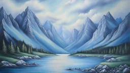 A realistic oil painting of majestic mountains with blue slopes and intricate details, capturing the essence of natural beauty., The mountains with blue slopes laugh and below in the water the fish cry and all the water is their tears