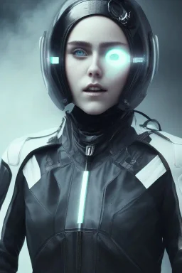 All Black racing suit AnnaSophia Robb, portrait, ghost mask, wearing high tech mask, white smoke, dark, rage, sorrow, high definition, ultra 8 k, volumetric lighting, blue fire, fog