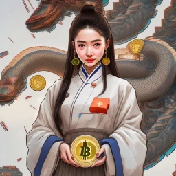 Bitcoin cryptocurrency in the hands of a traditional chinese girl, dragon