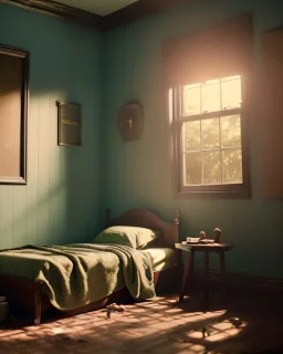 Room scene with alligator sleeping, Wes Anderson styler, concept art, smooth, unreal engine 5, god lights, ray tracing, RTX, lumen lighting, ultra detail, volumetric lighting, 3d.