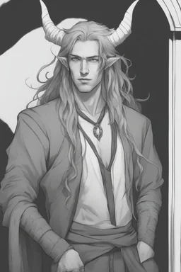 A dnd character portrait, a tiefling man with long hair and long black horns, white eyes and pale skin. Handsome, door lean.