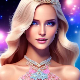 Full body Princess, sexy woman blondie, make up, beautiful smiling face,blue eyes, beautiful place,amazing, flowers, colors, blue and pink butterfly, realistic, photo real, stars night, detailed, high contrast, 8k high definition, unreal engine 5, extremely sharp detail, light effect, light background