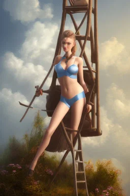 dressed woman on the ladder above clouds