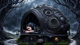 little dark witch fairy sleeps in her stunning lacy-onix gothic snail house, storm, rain, volumetric light, dark colors, rain drops, dark tendrils in background, fantasy, scifi, dark fantasy , dark stunning mood intricate details, beautifully shot, hyperrealistic, sharp focus, 64 megapixels, perfect composition