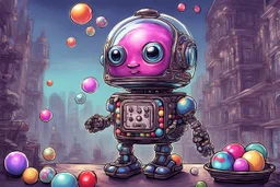 Prompt: "In the style of Chris Dunn, concept art for a transparent glass baby robot full of gumballs who is also a gumball machine. He has big eyes and a transparent helmet full of gumballs and is juggling gumballs in front of a futuristic cityscape. The art has a steampunk and a retro science fiction style with vibrant colors. It is a digital illustration with high detail. The background features a fantasy world with an epic composition and cinematic lighting."