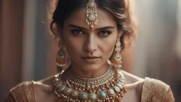 An incredibly detailed female model, wearing minimalistic Indian Jewelry, Shot on a Hasselblad high format camera with a 100mm lens, Unmistakable to a photograph. Cinematic lighting. 4k, 8k, 16k, full ultra hd, high resolution and cinematic photography --ar 3:2 --v 5 --up-beta --Screen Space Reflections --s 200 --Diffraction Grading --Chromatic Aberration --GB Displacement --Scan Lines --Ambient Occlusion 32k uhd --Anti-Aliasing FKAA --TXAA --RTX --SSAO --OpenGL-Shader’s --Post Processing --Post