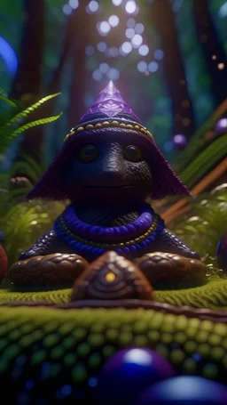close up portrait of a happy blessed buffalo soldier space alien woven into a sacred geometry knitted tapestry hammock over an ant hill in the middle of lush magic jungle forest, bokeh like f/0.8, tilt-shift lens 8k, high detail, smooth render, down-light, unreal engine, prize winning