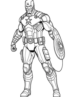 Avengers Captain America, coloring page, no leaves, full body (((((white background))))), only use an outline., real style, line art, white color, clean line art, white background, Sketch style