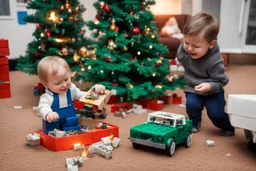 A crying toddler takes a burning car out of a LEGO box marked Land Rover next to the Christmas tree.